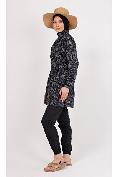 GAVLİA Nuu Black and White Wave Hijab Swimsuit Set (Top + Pants + Bag) – Set of 3 with Parachute Pants