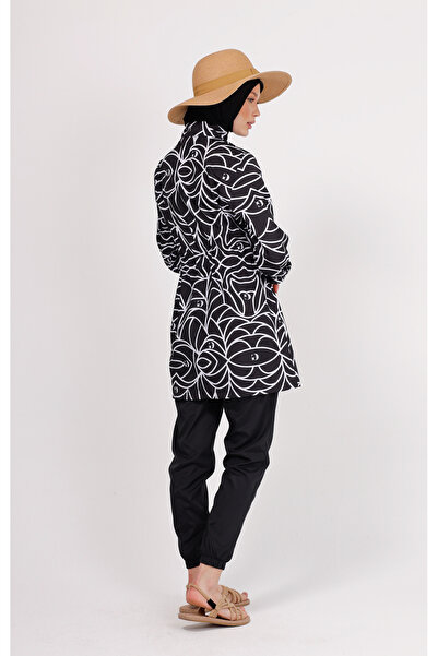 GAVLİA Nuu Geometric Patterned Hijab Swimsuit Set (Top + Pants + Bag) – Set of 3 with Parachute Pants