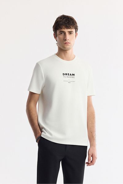 Avva Ανδρικό μπλουζάκι Ecru Regular Fit Crew Neck Slogan με στάμπα Interlock A51y1140