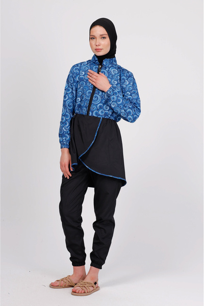 GAVLİA Σετ μαγιό με μπλε σπιράλ σχέδιο Runa – Σετ 4 τεμαχίων με παντελόνι αλεξίπτωτο (ΜΕ ΜΠΟΝΕΛ)