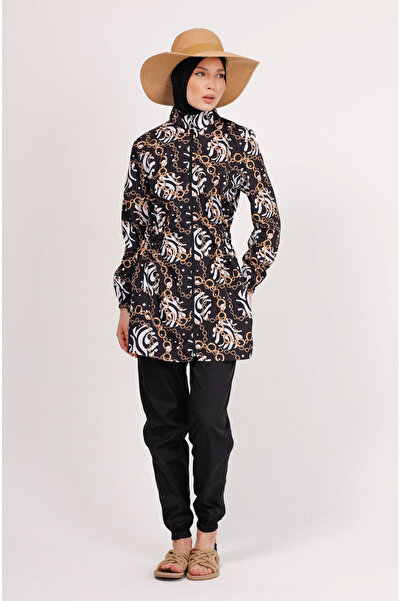 GAVLİA Nuu Chain Patterned Hijab Swimsuit Set (Top + Pants + Bag) – Set of 3 with Parachute Pants