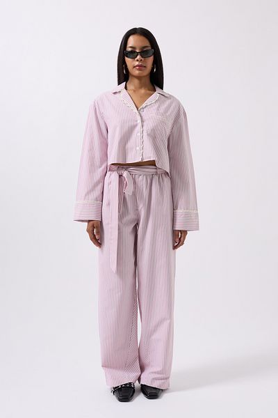 Black Fashion Belt Detail Striped Pink Trousers