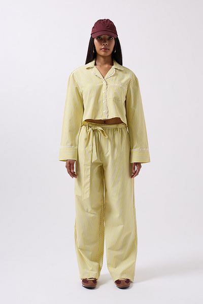 Black Fashion Belt Detail Striped Yellow Trousers