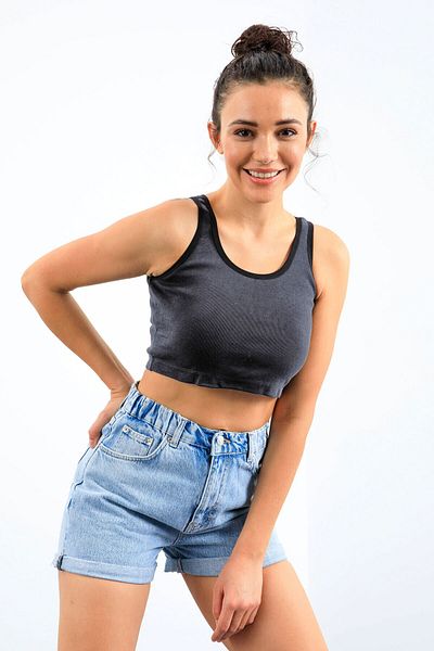 TOMMY LIFE Top crop pentru femei, cu decolteu în U, albastru bleumarin Melange - mânecă zero, maioț strâns - 97162