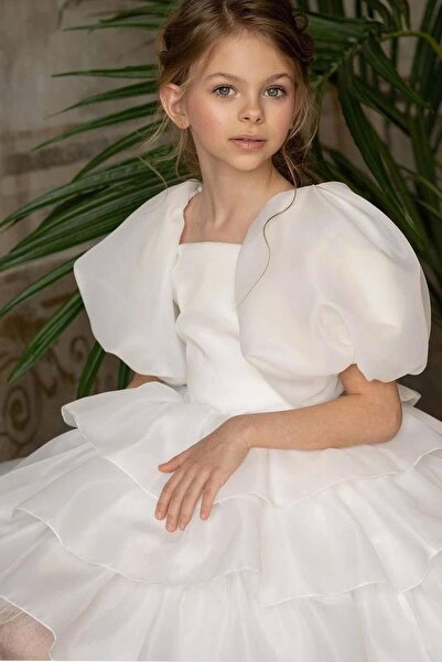 Riccotarz Βραδινό φόρεμα για κορίτσι με λευκό μπαλόνι - βολάν με επένδυση