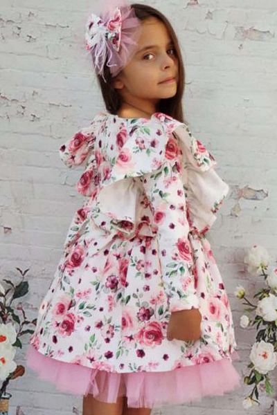 Riccotarz Girl's Floral Printed Ruffled Shoulder Tulle White Dress