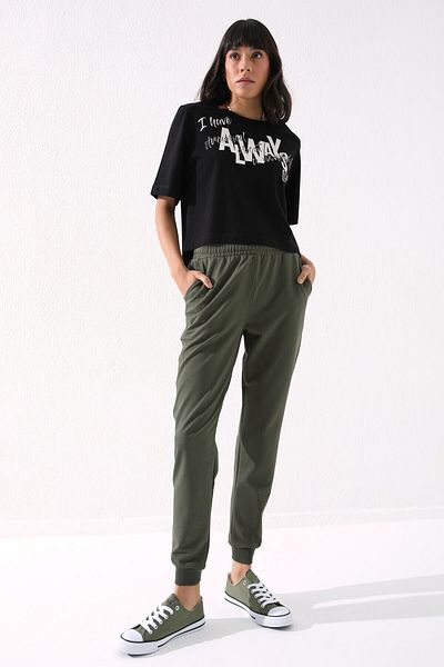 TOMMY LIFE Jogger cu talie înaltă kaki, formă confortabilă, cu manșete, pantaloni de trening pentru femei - 94561