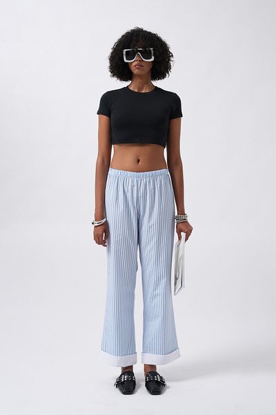 Black Fashion Blue Striped Trousers with Stripe Detail at the Leg