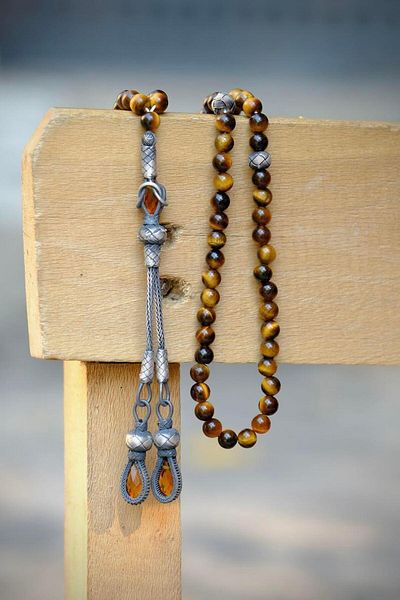 dergah tesbih Silver Kazaziye Knitted - Tiger Eye Prayer Rosary, Designed