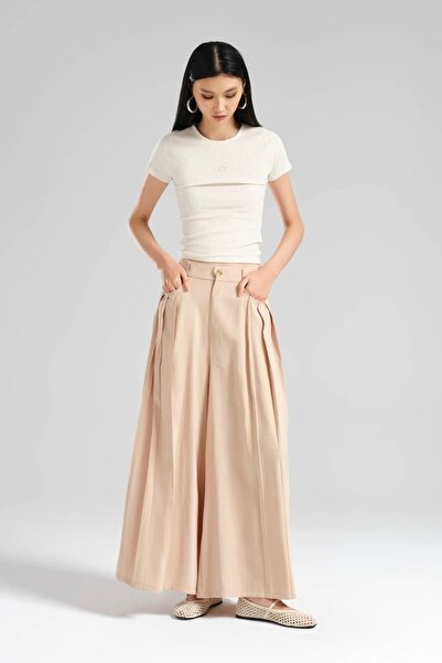 tw3 Women's Pleated Detailed Elastic Waist Design Wide Leg Trousers