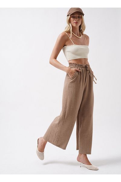 Black Fashion Accessory Detail Linen Brown Trousers