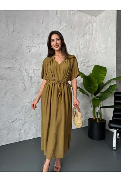 Elif Özbey Butik Κοντομάνικο φόρεμα με ζώνη με χάντρες