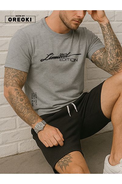 EFFRENATU Limited Edition Printed Cotton Fabric Men's Gray T-Shirt-Black Shorts Set