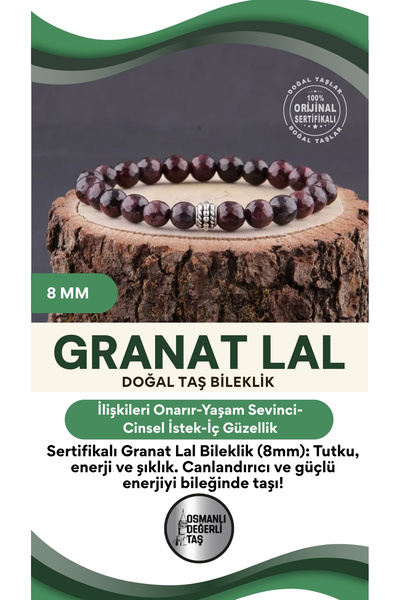 OSMANLI DEĞERLİ TAŞ Sertifikalı Granat Lal Doğal Taş Bileklik 8 Mm - B132