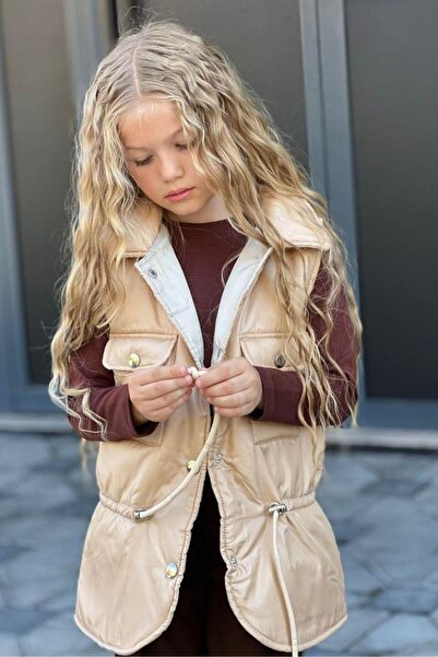 Riccotarz Girl's Beige Bottom Top Set with Inflatable Vest and Cargo Pocket Trousers