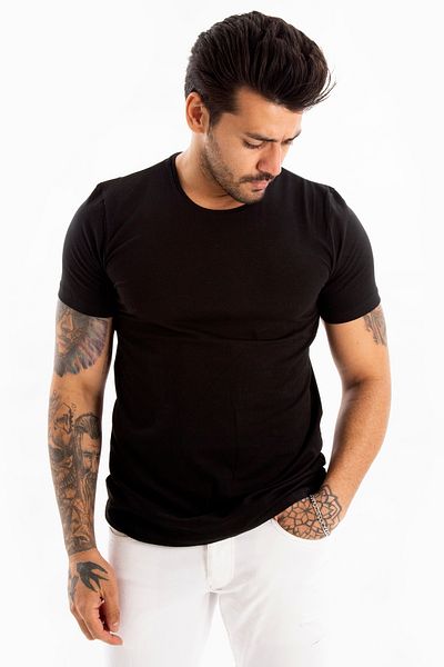 DeepSEA Tricou negru pentru bărbați/unisex, slim fit, slim, cu decolteu, din bumbac, lycra, de bază 1801131