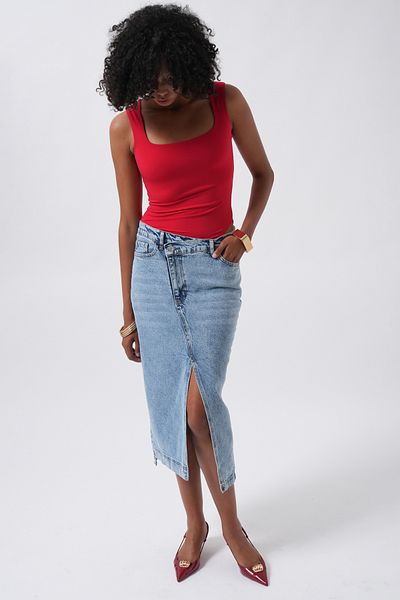Black Fashion Square Neck Thick Strap Red Bodysuit