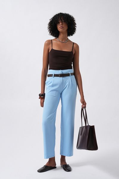 Black Fashion Belt Detail High Waist Baby Blue Trousers