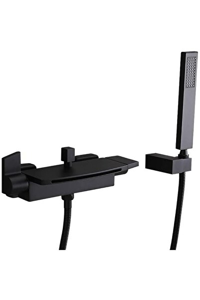 Green Wall-mounted bathtub faucet with two handles, cascade system, and handheld shower, matte black