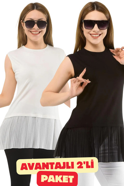 dgs dagıstanlı 2li Paket Siyah-Beyaz Sıfır Kol Piliseli İçlik Tunik