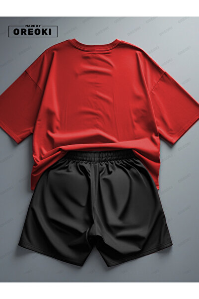 EFFRENATU Limited Edition Printed Cotton Fabric Red Black T-Shirt-Black Shorts Set