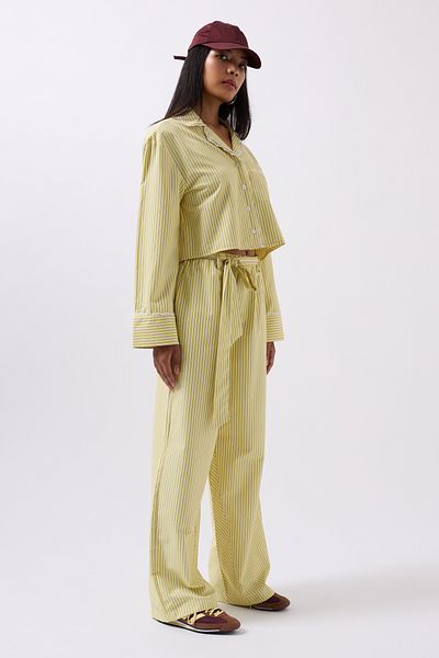 Black Fashion Belt Detail Striped Yellow Trousers