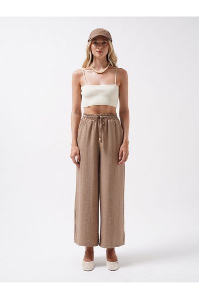 Black Fashion Accessory Detail Linen Brown Trousers