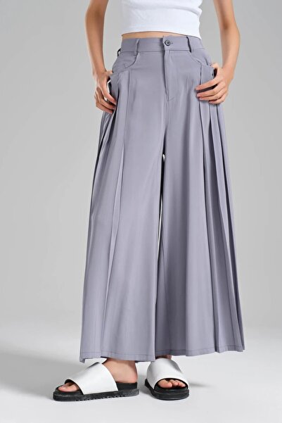 tw3 Women's Pleated Detailed Elastic Waist Design Wide Leg Trousers