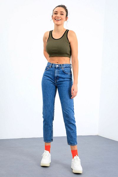 TOMMY LIFE Khaki Basic Zero Sleeve Skinny Fit U Collar Women's Crop Top Undershirt - 97160