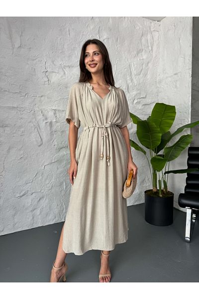 Elif Özbey Butik Μπεζ κοντομάνικο φόρεμα με χάντρες