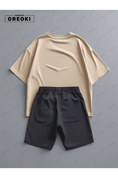 EFFRENATU Limited Edition Printed Cotton Fabric Men's Beige T-Shirt-Black Shorts Set