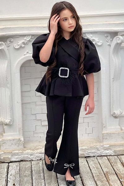 Riccotarz Girl's Zipper and Belt Detailed Double Breasted Collar Black Bottom and Top Set