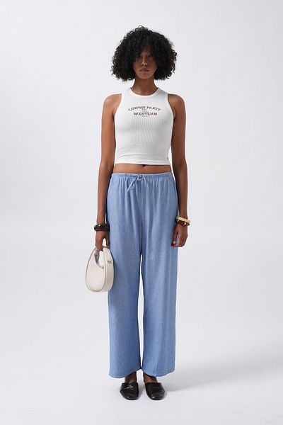 Black Fashion Light Blue Trousers with Thin Belt and Lace Detail