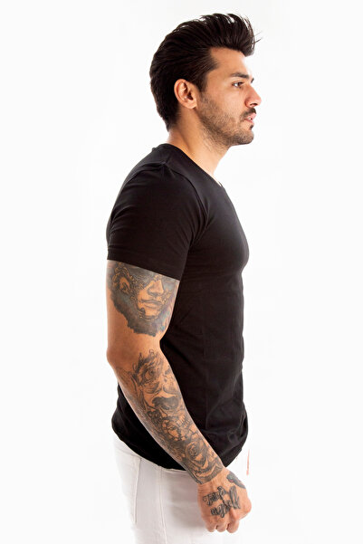 DeepSEA Μαύρο ανδρικό/unisex Slim Fit Εφαρμοστό Μπλουζάκι με Στρογγυλή Λαιμόκοψη από Βαμβάκι και Λύκρα Basic 1801131