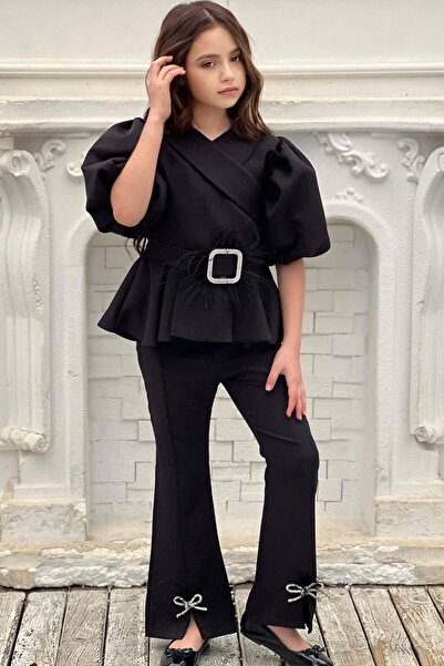 Riccotarz Girl's Zipper and Belt Detailed Double Breasted Collar Black Bottom and Top Set