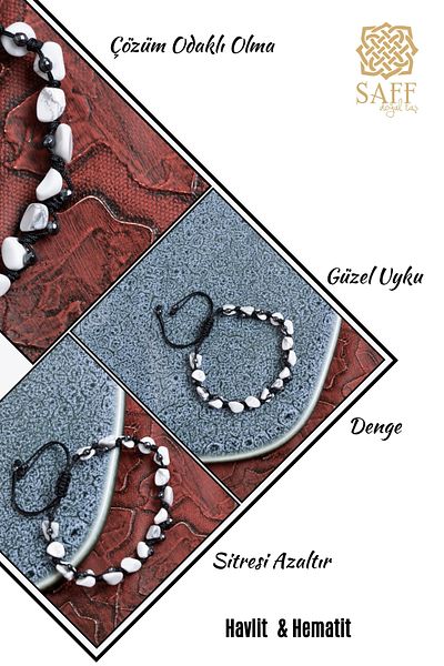 Saff Doğal Taş Certified Howlite & Hematite Natural Stone Macrame Bracelet