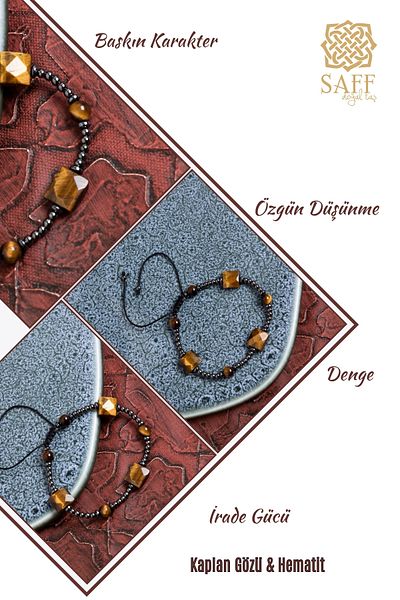 Saff Doğal Taş Certified Tiger Eye & Hematite Natural Stone Macrame Bracelet
