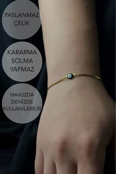SEVGİLİ TAKI Adjustable Gold Steel Bracelet with Black Charm - Lover Jewelry Collection