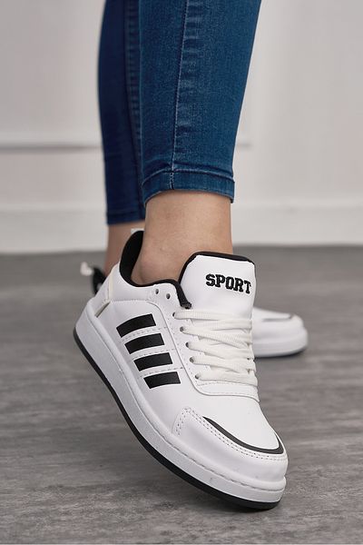 İmerShoes Tenis unisex alb și negru - cu șireturi și dungi, talpă confortabilă zimțată St-331