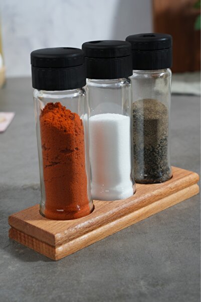 KukiWood |   3-Piece Spice Jar Set with Wooden Stand – Glass Bottle, Lid, Han...