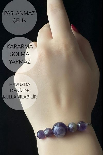 SEVGİLİ TAKI Amethyst Natural Stone Adjustable Steel Bracelet - Mixed Series