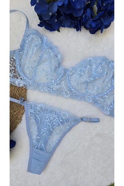 more than socks Set bralet cu sârmă din dantelă brodată cu flori albastre uni