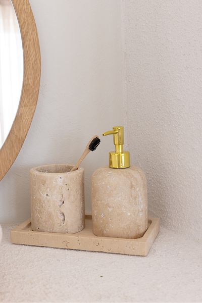 Akayev Marble Travertine 3 Piece Bathroom Set Kitchen Liquid Soap Dispenser Set