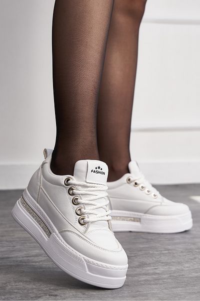 Hugan Pantofi de damă Daily White, cu toc gros ascuns, cu detaliu de piatră, cu vârf oval, pantofi sport cu șireturi F70