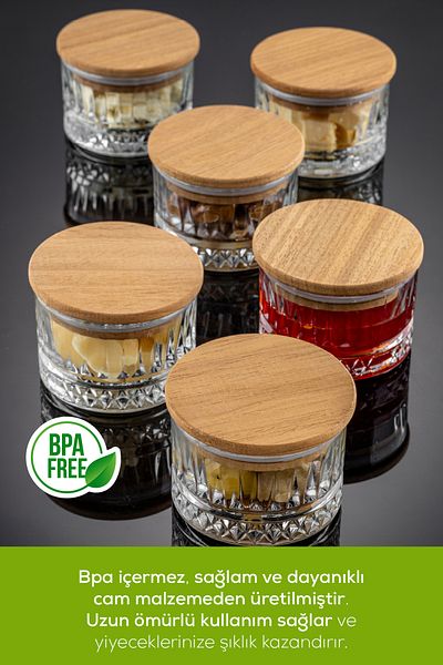 Vienev Set of 6 Glass Bowls with Wooden Lid 180 ml