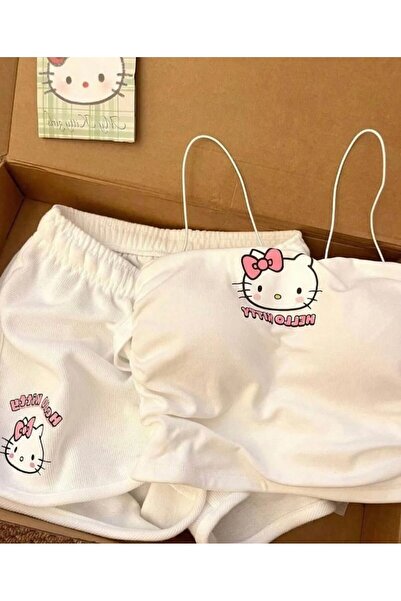 dem merys White Kitty Blouse Shorts Bottom Top Set