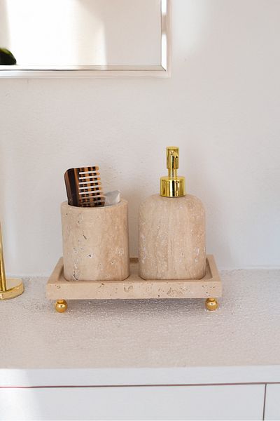 Akayev Marble Travertine 3 Piece Gold Foot Bathroom Set Kitchen Liquid Soap Dispenser Set