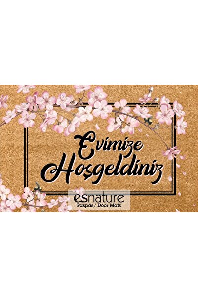esnature Evimize Hoşgeldiniz Japon Kiraz Çiçeği Desenli Kapı Önü Paspası 45x70 Cm