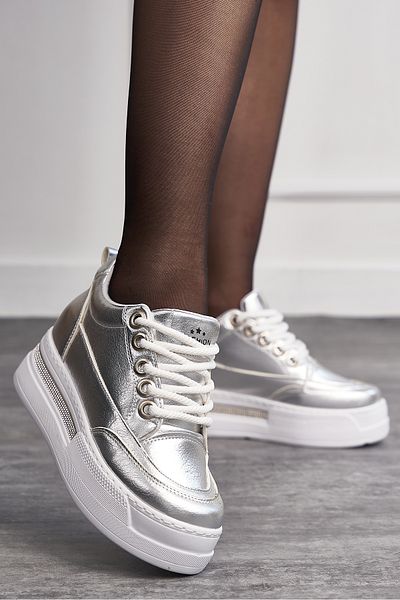 İmerShoes Сребърни дамски маратонки - скрит дебел ток, камъче, овален връх с връзки F70
