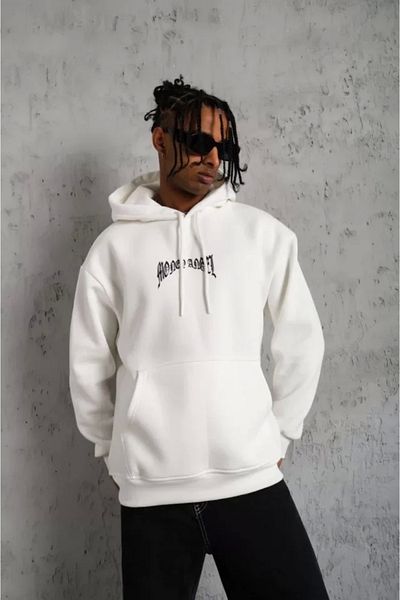 Moda Asmira    Men's Cord Drawstring Printed Hooded Sweatshirt - White